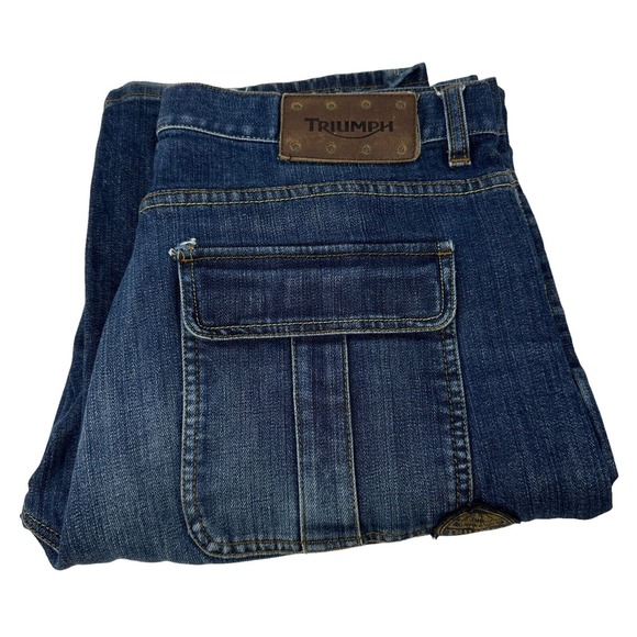 TRIUMPH MOTORCYCLE Jeans Blue Gusseted Double Knee Denim Flap Pockets 36X34 - Picture 3 of 16